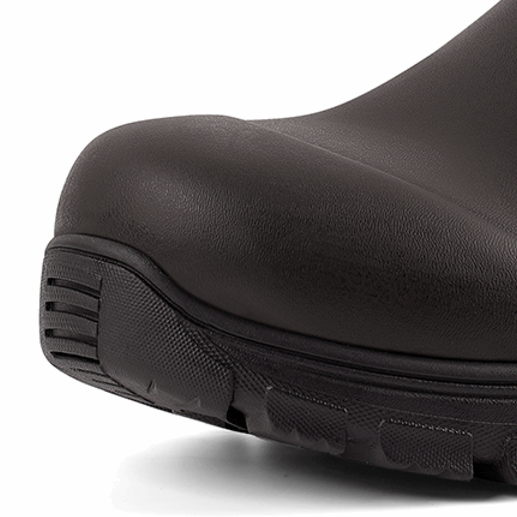 Close-up of toe cap on Trudave MudGuard Series women’s brown mid-calf waterproof garden boots showing durable rubber shell and waterproof seam design for gardening